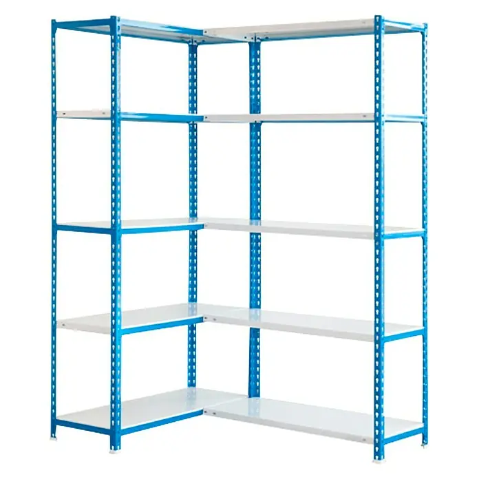 Simonrack Simonclick Estantería rinconera metálica Simoncorner - L x An x Al: 40 x 140 x 200 cm, Capacidad de carga: 80 kg/balda, Número de baldas: 10 ud., Inserción, Azul/Blanco
