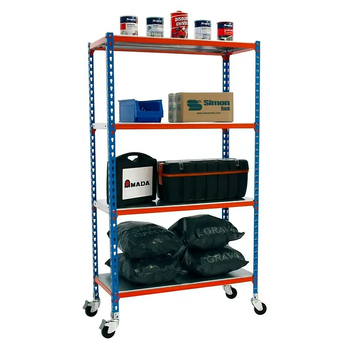 Simonrack Simonclick Estantería metálica Mobile Superplus - L x An x Al: 30 x 110 x 150 cm, Capacidad de carga: 180 kg/balda, Número de baldas: 4 ud., Azul/Naranja