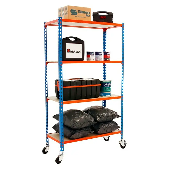 Simonrack Maderclick Estantería metálica Mobile Plus - L x An x Al: 30 x 100 x 150 cm, Capacidad de carga: 150 kg/balda, Número de baldas: 4 ud., Azul/Naranja