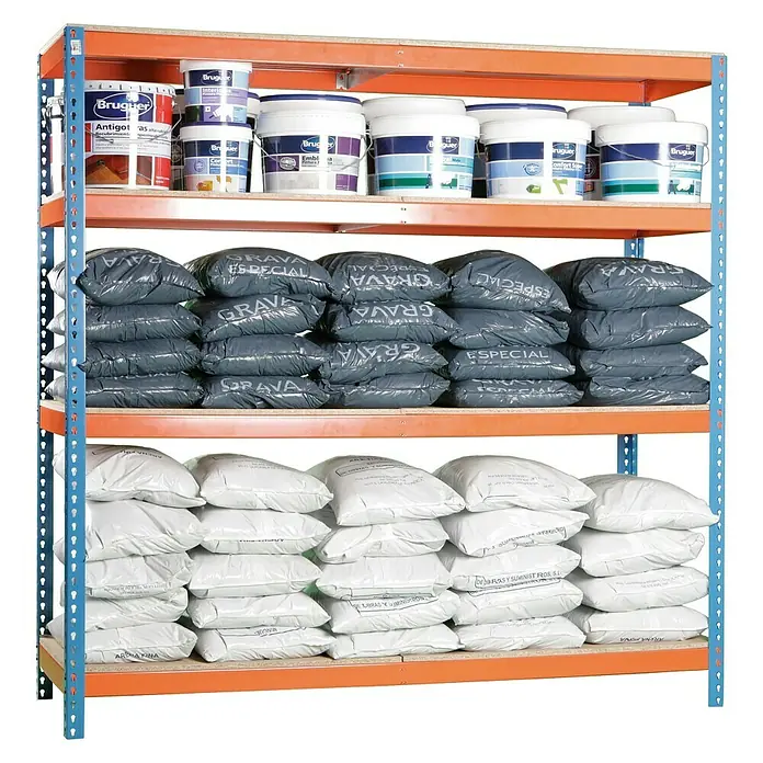 Simonrack Ecoforte Estantería para cargas pesadas Chipboard - L x An x Al: 45 x 180 x 200 cm, Capacidad de carga: 400 kg/balda, Número de baldas: 4 ud., Azul/Naranja