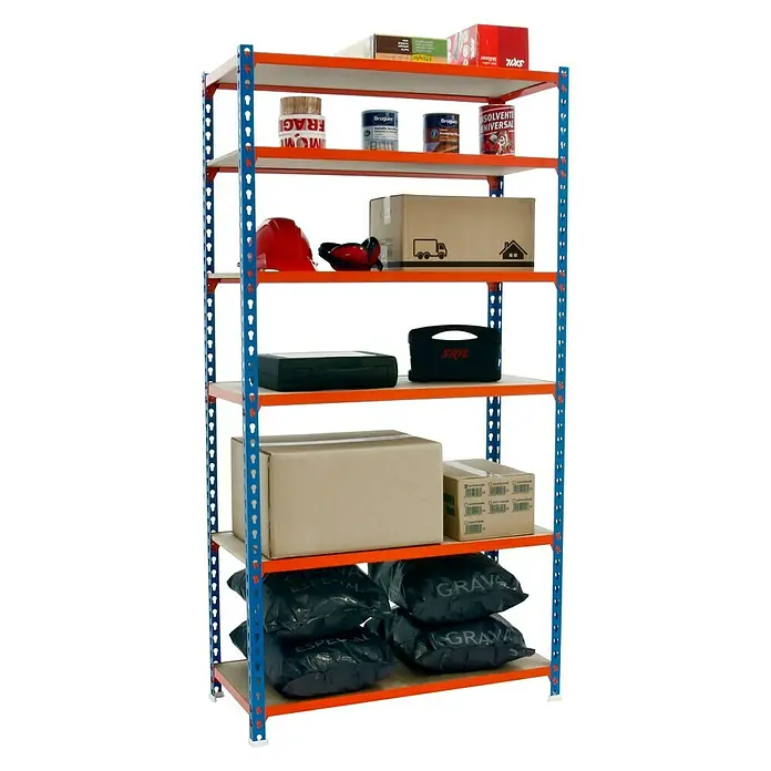 Simonrack Maderclick Estantería metálica Mini - L x An x Al: 50 x 80 x 250 cm, Capacidad de carga: 150 kg/balda, Número de baldas: 6 ud., Azul/Naranja