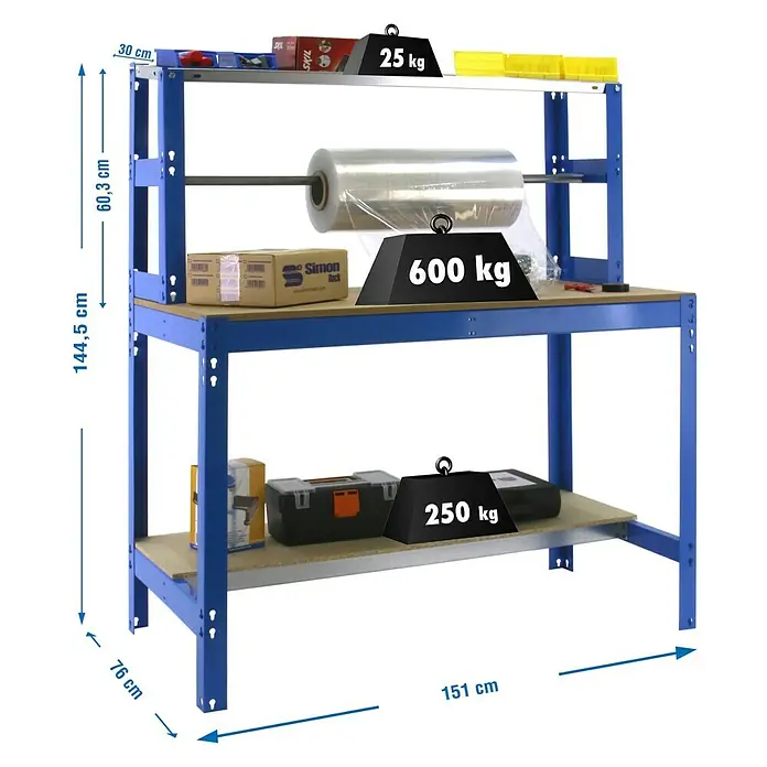 Simonrack Simonwork Banco de trabajo BT4 - L x An x Al: 76 x 151 x 144,5 cm, Capacidad de carga: 600 kg, Azul