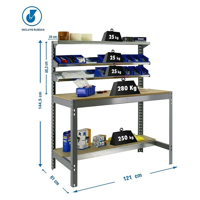 Simonrack Simonwork Banco de trabajo BT1 Mobile - L x An x Al: 61 x 121 x 144,5 cm, Capacidad de carga: 280 kg, Gris