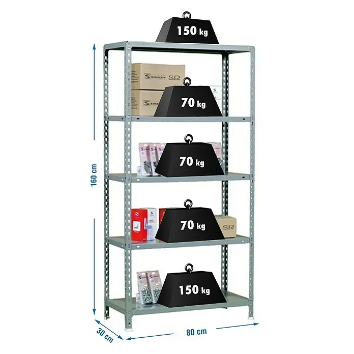 Simonrack Simonclick Estantería metálica Ecoclick Mini - L x An x Al: 30 x 80 x 180 cm, Capacidad de carga: 150 kg/balda, Número de baldas: 5 ud., Inserción, Gris