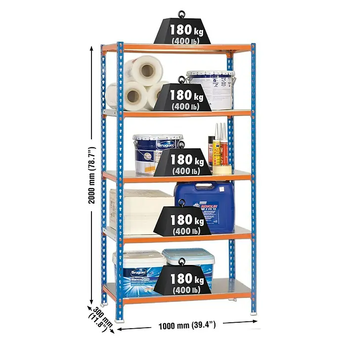 Simonrack Simonclick Estantería metálica Plus - L x An x Al: 30 x 100 x 200 cm, Capacidad de carga: 180 kg/balda, Número de baldas: 5 ud., Inserción, Azul/Naranja