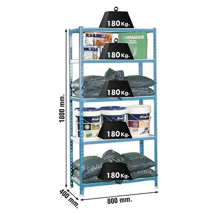 Simonrack Simonclick Estantería metálica Mini - L x An x Al: 40 x 80 x 180 cm, Capacidad de carga: 180 kg/balda, Número de baldas: 5 ud., Inserción, Azul/Blanco