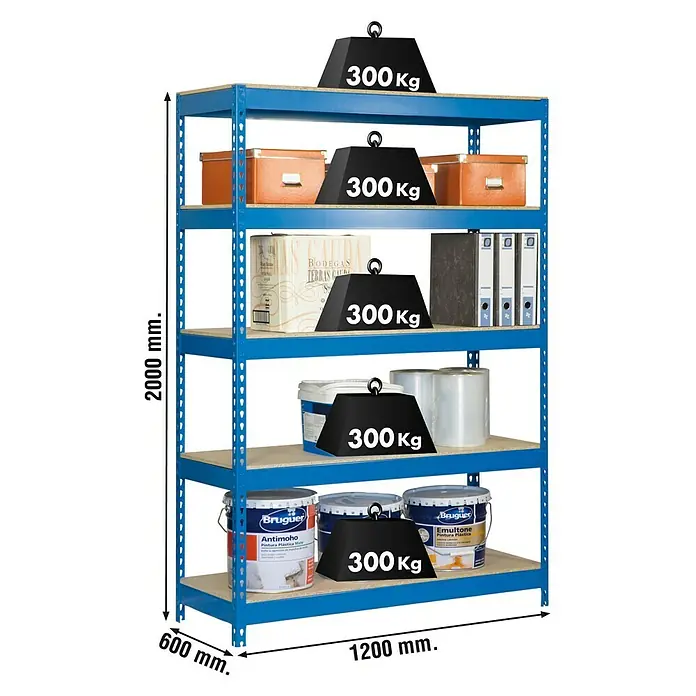 Simonrack Bricoforte Estantería para cargas pesadas Chipboard - L x An x Al: 60 x 120 x 200 cm, Capacidad de carga: 300 kg/balda, Número de baldas: 5 ud., Azul, Material balda: Madera