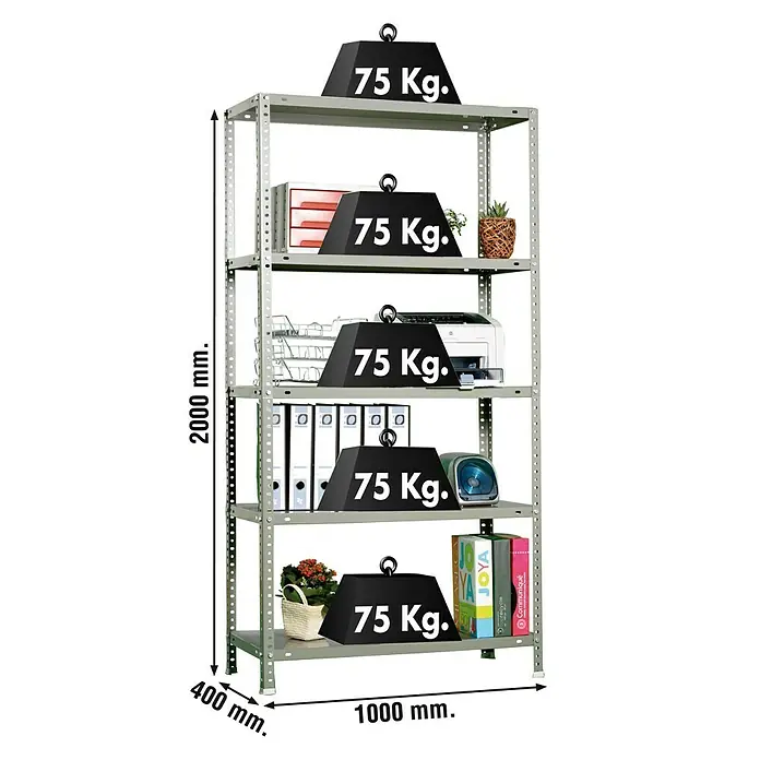 Simonrack Simonclassic Estantería metálica Advantage Plus - L x An x Al: 40 x 100 x 200 cm, Capacidad de carga: 75 kg/balda, Número de baldas: 5 ud., Atornillado, Gris