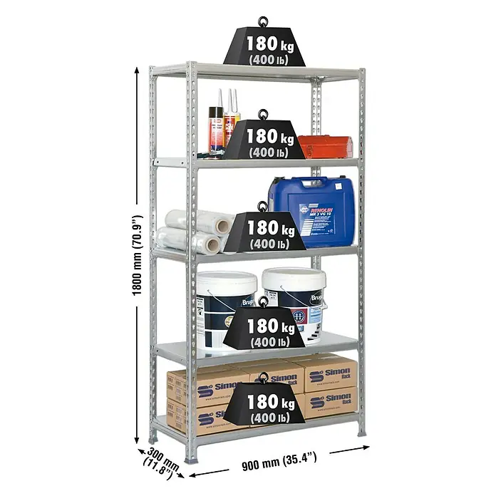 Simonrack Simonclick Estantería metálica - L x An x Al: 30 x 90 x 180 cm, Capacidad de carga: 180 kg/balda, Número de baldas: 5 ud., Inserción, Galvanizado