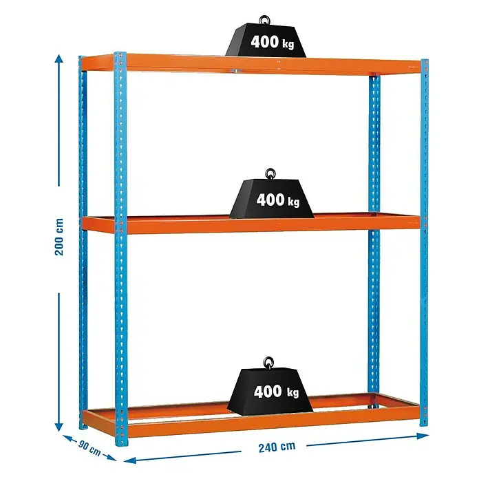 Simonrack Simonforte Estructura de estantería - L x An x Al: 90 x 240 x 200 cm, Capacidad de carga: 400 kg/balda, Número de baldas: 3 ud., Azul/Naranja