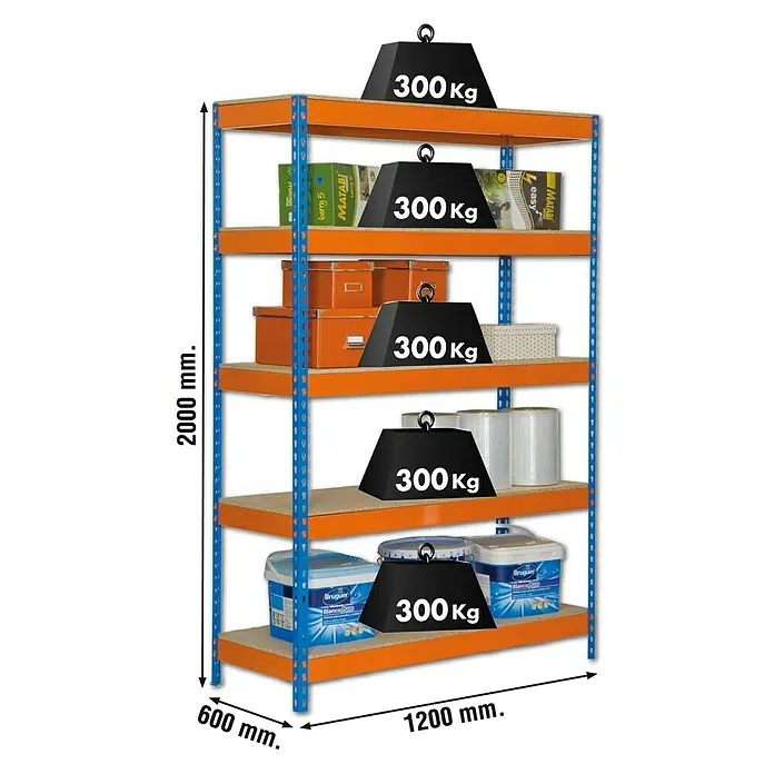 Simonrack Bricoforte Estantería para cargas pesadas Chipboard - L x An x Al: 60 x 120 x 200 cm, Capacidad de carga: 300 kg/balda, Número de baldas: 5 ud., Azul/Naranja, Material balda: Madera