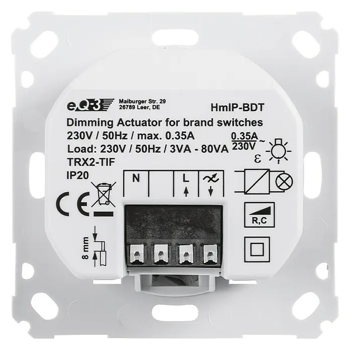 Homematic IP Phasenabschnittdimmer-Einsatz HmIP-BDT - 37 x 71 x 71 mm, Unterputz, 230 V/50 Hz - Rückansicht