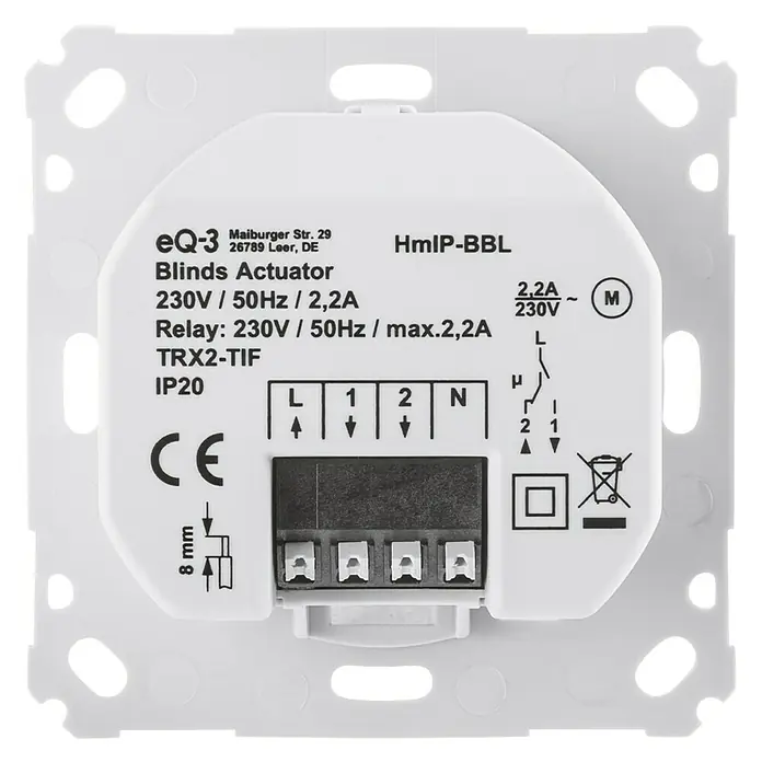 Homematic IP Jalousieschalter HmIP-BBL - 230 V/50 Hz, Unterputz, 37 x 71 x 71 mm - Rückansicht