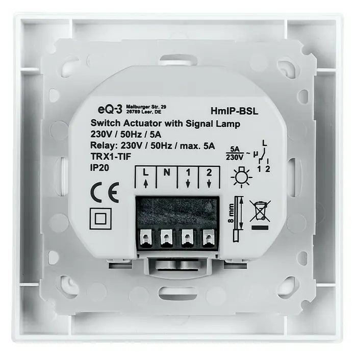 Homematic IP Funkschalter HmIP-BSL - 52 x 86 x 86 mm, Grau, 230 V/50 Hz - Rückansicht