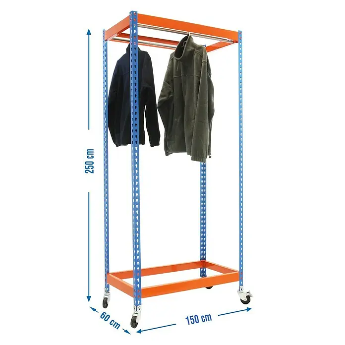 Simonrack Simonclothing Estantería metálica Forte Single Moile 2 - L x An x Al: 60 x 150 x 250 cm, Capacidad de carga: 30 kg/balda, Azul/Naranja