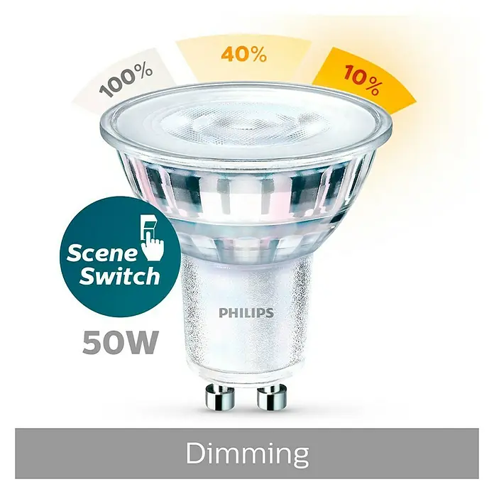 Philips Bombilla LED 3 en 1 - 5 W, GU10, Color de luz: Blanco cálido, Intensidad regulable, Redonda