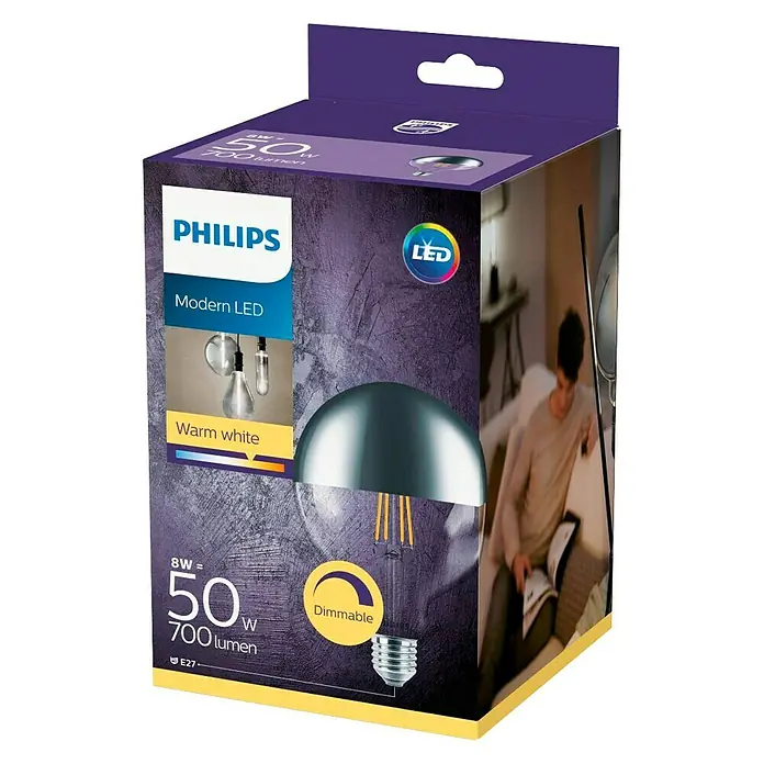 Philips Bombilla LED Modern Deco - 8 W, E27, Color de luz: Blanco cálido, Intensidad regulable, Redonda