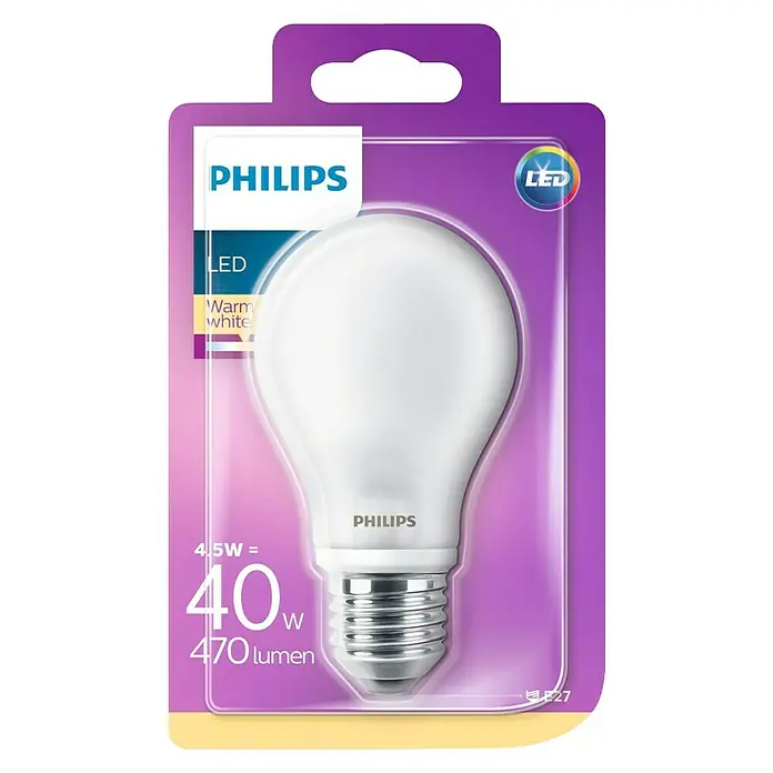 Philips Bombilla LED - 4,5 W, E27, Color de luz: Blanco cálido, Redonda
