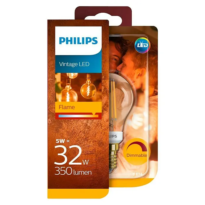 Philips Bombilla LED Vintage Gold - 5 W, E14, Color de luz: Blanco cálido, Intensidad regulable, Redonda