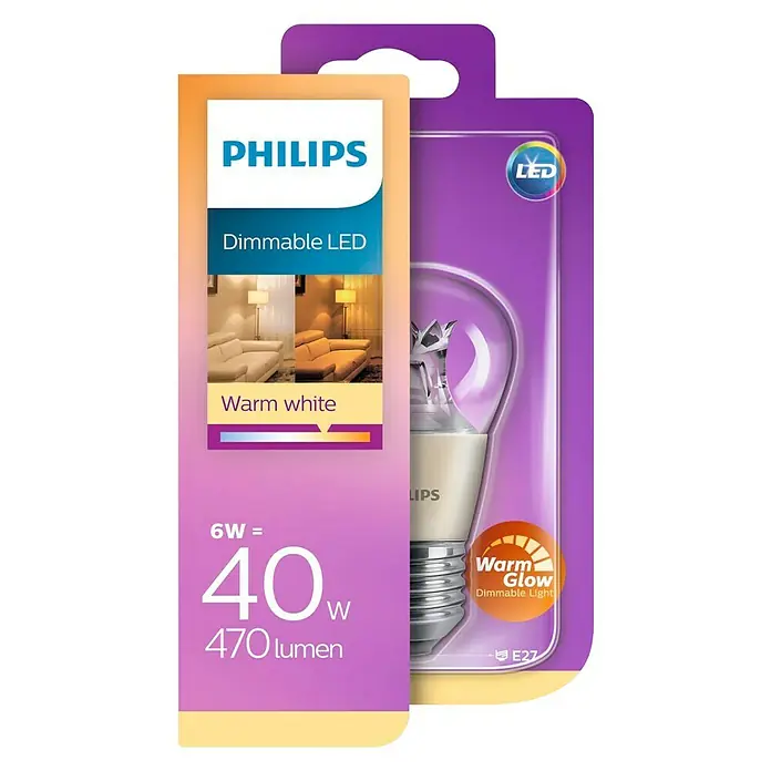 Philips Bombilla LED - 6 W, E27, Color de luz: Blanco cálido, Intensidad regulable, Redonda