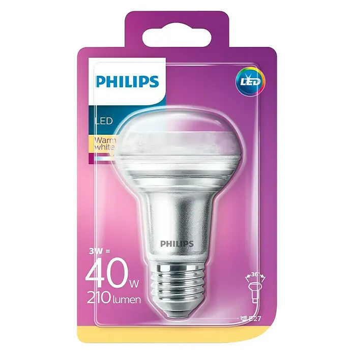 Philips Bombilla reflectora LED - 3 W, E27, 36 °, Color de luz: Blanco cálido, Intensidad regulable