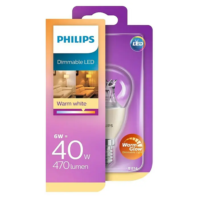 Philips Bombilla LED - 6 W, E14, Color de luz: Blanco cálido, Intensidad regulable, Redonda