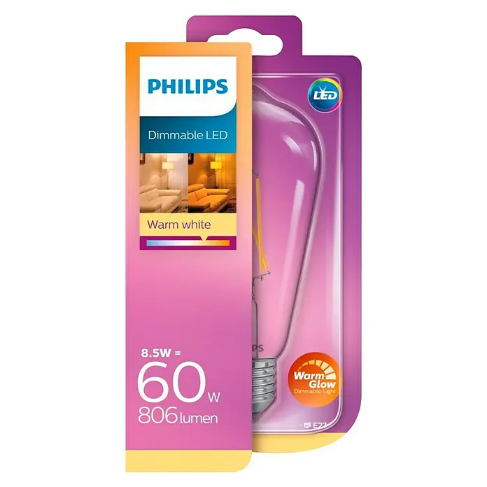 Philips Bombilla LED Vintage - 8,5 W, E27, Color de luz: Blanco cálido, Intensidad regulable, Vela