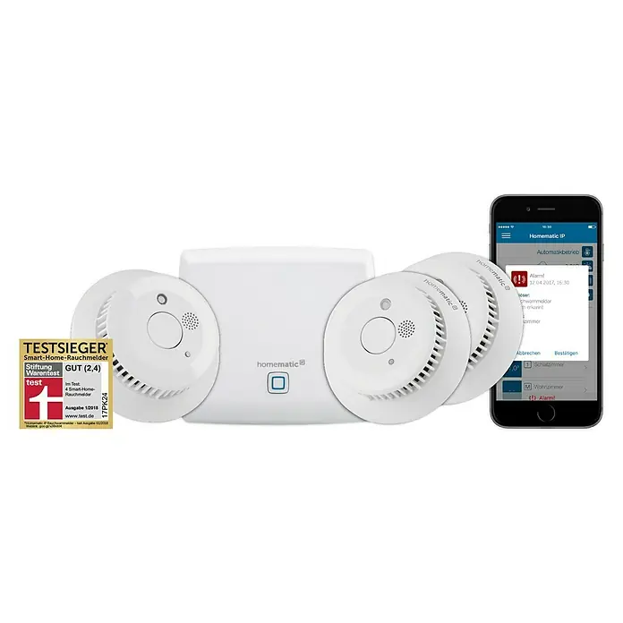 Homematic IP Starter-Set Rauchwarnmelder HmIP-SK4 - 1 x Access Point, 3 x Rauchmelder, 1 x Netzwerkkabel, 1 x Steckernetzteil,  6 x Batterie (fest verbaut), 1 x Deckenhalter, 1 x Montagezubehör