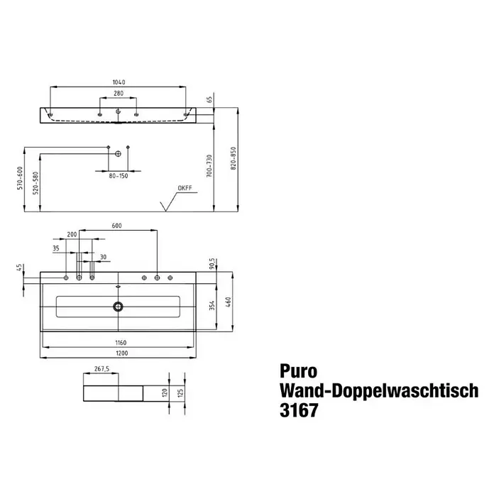 Kaldewei Waschtisch Puro - 120 x 46 cm, Mit schmutzabweisender Glasur, Anzahl Hahnlöcher: 2, Weiß