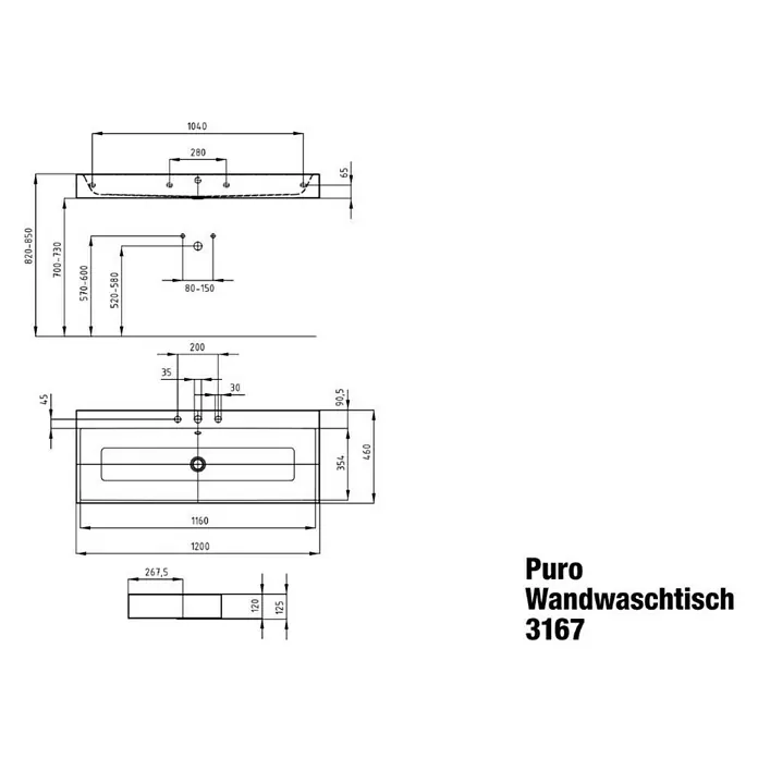 Kaldewei Waschtisch Puro - 120 x 46 cm, Mit schmutzabweisender Glasur, Anzahl Hahnlöcher: 1, Weiß