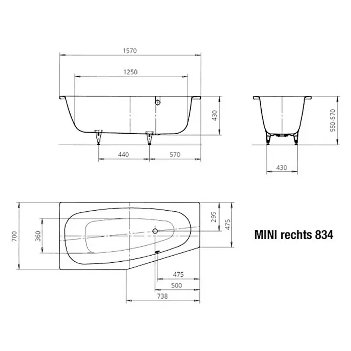 Kaldewei Badewanne Mini 834 - Rechtsseitig, 157 x 70 cm, Stahl-Email, Alpinweiß - Skizze