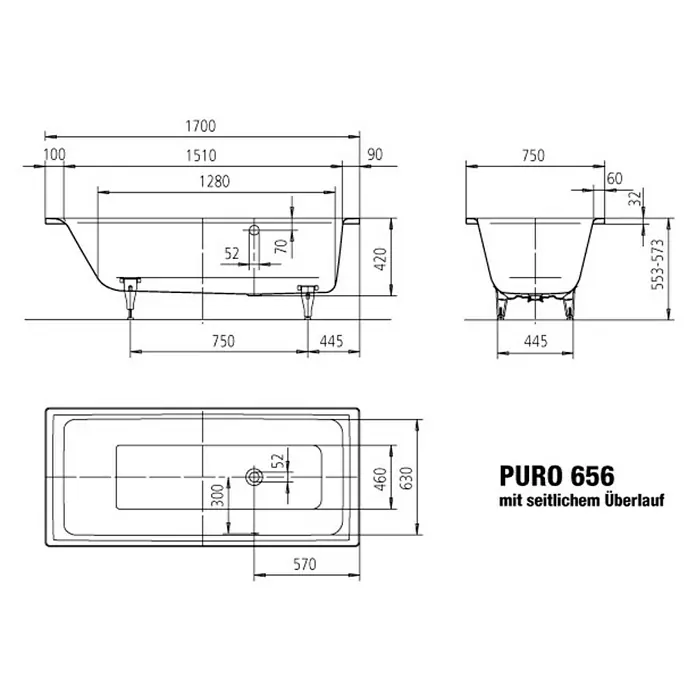 Kaldewei Badewanne Puro Star 656 - 170 x 75 cm, Stahl-Email, Alpinweiß - Skizze