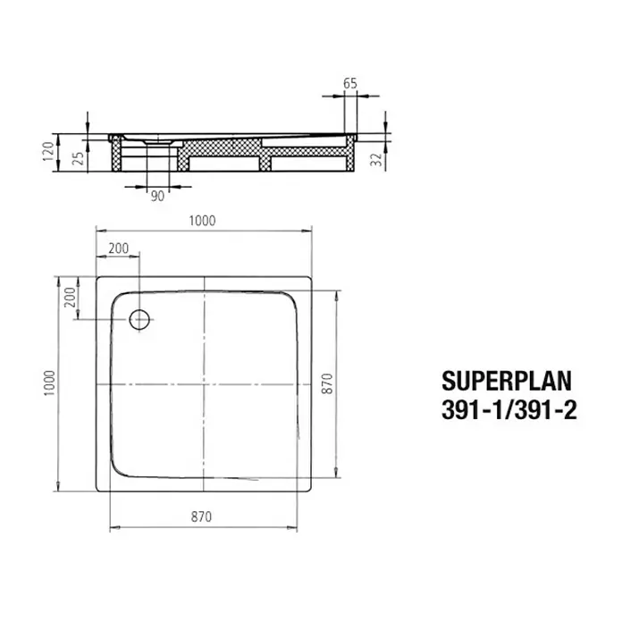 Kaldewei Duschwanne Superplan 391-2 - L x B: 100 x 100 cm, Stahl, Weiß, Polystyrolträger - Skizze