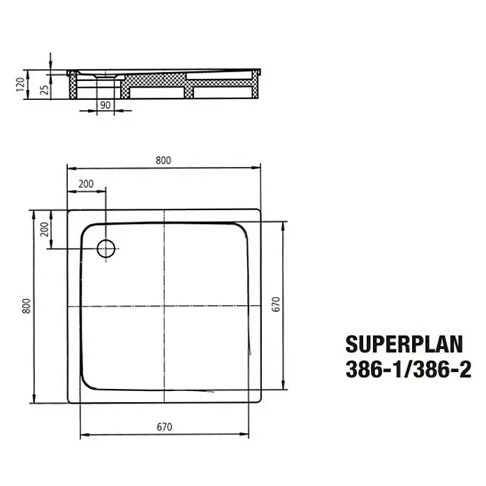 Kaldewei Duschwanne Superplan 386-2 - L x B: 80 x 80 cm, Stahl, Weiß, Polystyrolträger - Skizze