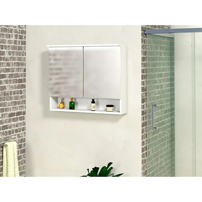 Armario con espejo LED Abi 2P - An x Al: 60 x 65 cm, Con iluminación, Melamina, Blanco