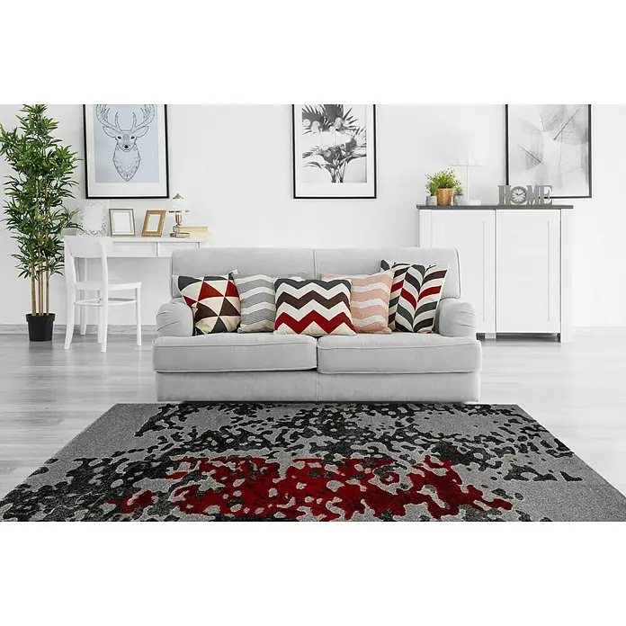 Kayoom Kurzflorteppich Broadway - Grau/Rot, 150 x 80 cm, 100 % Polypropylen - Stimmungsaufnahme