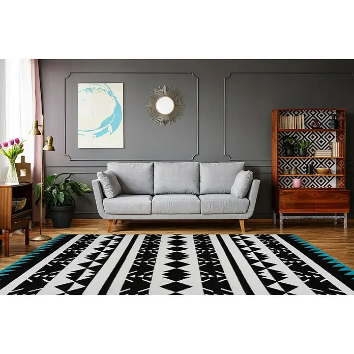 Kayoom Kurzflorteppich Broadway - Schwarz/Weiß/Blau, 170 x 120 cm, 100 % Polypropylen - Stimmungsaufnahme