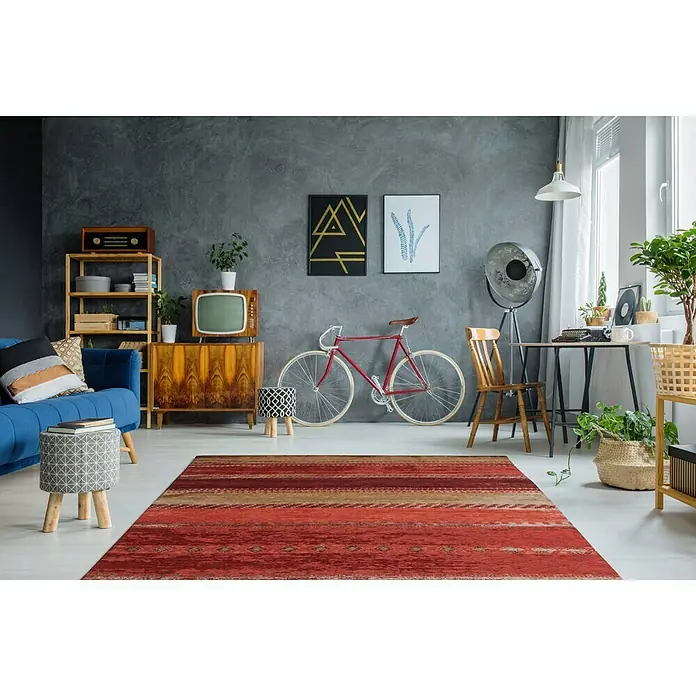 Kayoom Flachgewebeteppich Blaze - Rot, 170 x 115 cm, 74 % Polyester, 25 % Baumwolle, 1 % Latex - Stimmungsaufnahme