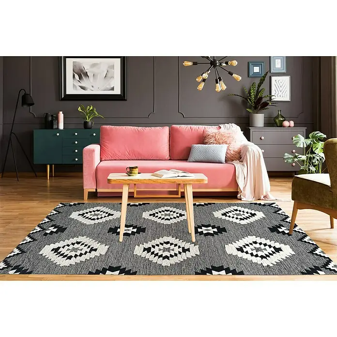 Kayoom Flachgewebeteppich Ethnie - Grau, 230 x 160 cm, 100 % Baumwolle - Stimmungsaufnahme