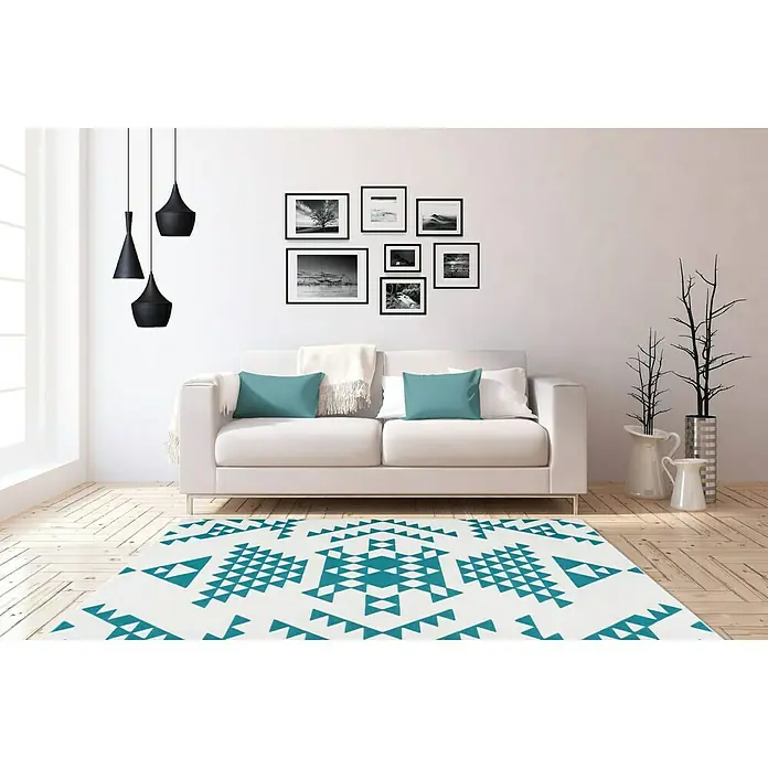 Kayoom Kurzflorteppich Esperanto - Weiß/Petrol, 150 x 80 cm, 100 % Polypropylen - Stimmungsaufnahme