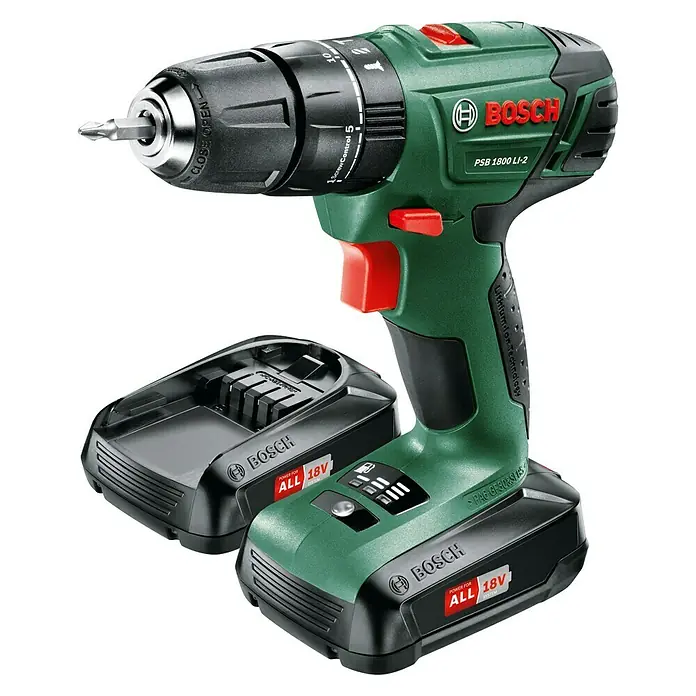 Bosch Taladro atornillador percutor de batería PSB 1800 LI-2 + set de 51 piezas - 18 V, 2 baterías, 1,5 Ah, 440 r.p.m. - 1.350 r.p.m.
