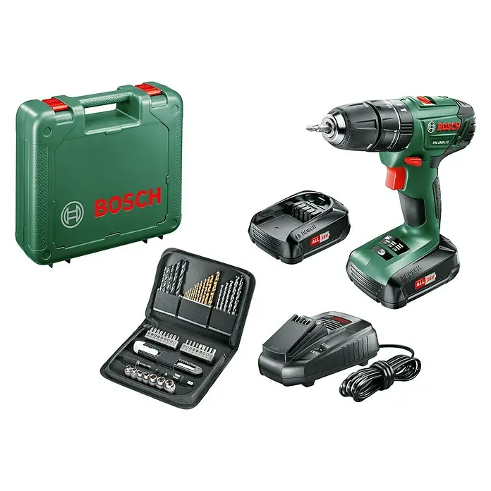 Bosch Taladro atornillador percutor de batería PSB 1800 LI-2 + set de 51 piezas - 18 V, 2 baterías, 1,5 Ah, 440 r.p.m. - 1.350 r.p.m.