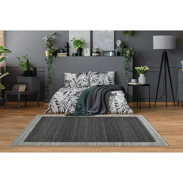 Kayoom Flachgewebeteppich Phoenix - Anthrazit/Grau, 150 x 80 cm, 75 % Wolle, 20 % Baumwolle, 5 % Polyester - Stimmungsaufnahme