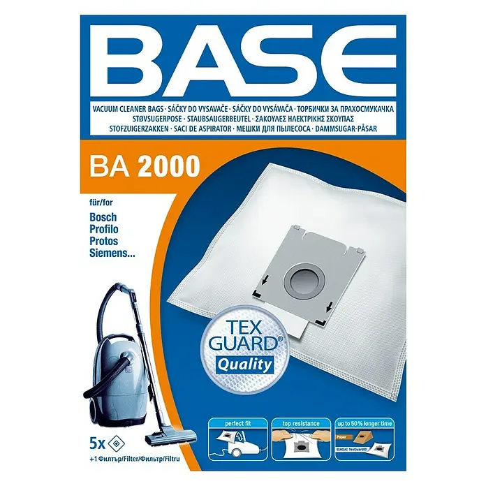 Base Staubsaugerbeutel BA 2000 - 5 Stk., Passend für: Bosch Staubsauger, Siemens Staubsauger, Profilo Staubsauger, Protos Staubsauger - Vorderansicht