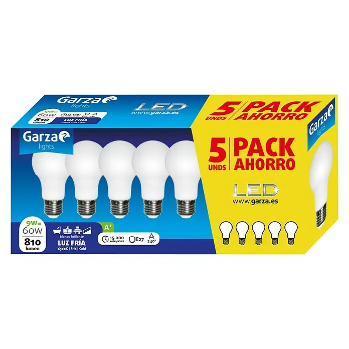 Garza Bombilla LED Pack - 5 uds., E27, 9 W, 810 lm, Blanco frío