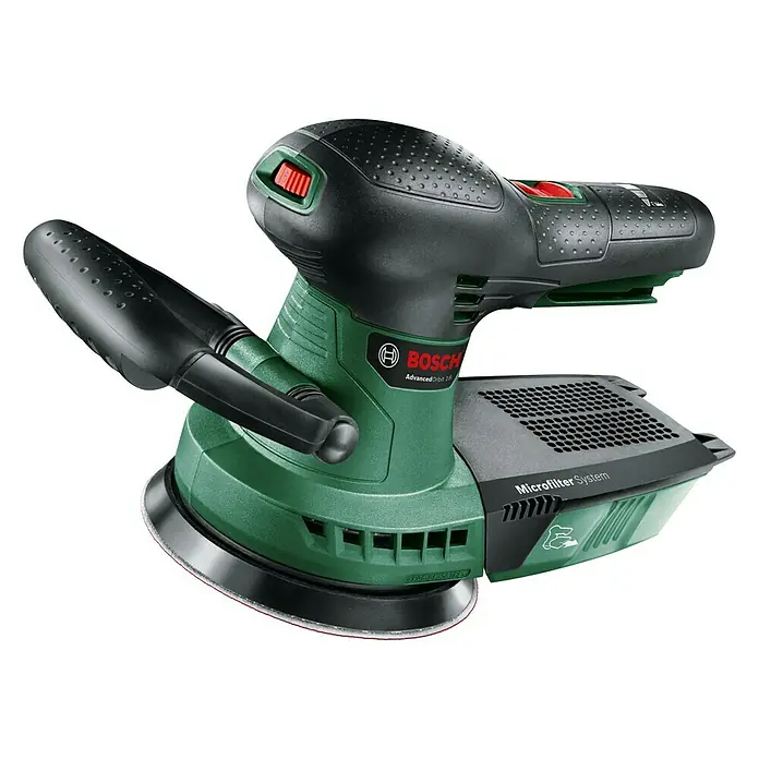 Bosch 18 V Power for All Akku-Exzenterschleifer AdvancedOrbit 18 - 18 V, Li-Ionen, Ohne Akku, Durchmesser Schleifteller: 125 mm, Leerlaufdrehzahl: 3.000 U/min - 12.000 U/min - Linke Seitenansicht