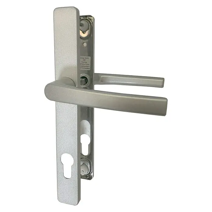 BAUHAUS Griffgarnitur - Geeignet für: Kunststoffnebeneingangstüren, Türstärke: 57 mm - 62 mm, Drücker/Drücker mit Langschild, Silber - Vorderansicht
