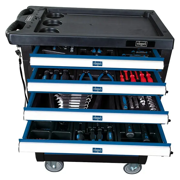 Scheppach Werkstattwagen TW1000 - L x B x H: 77 x 46 x 97 cm, Stahl, Blau, Schwarz, 263 -tlg.