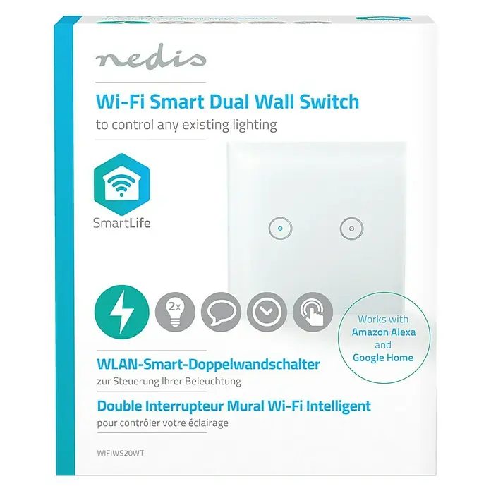 Nedis Smartlife Funk-Lichtschalter - 2-fach, Weiß, Max. Anschlussleistung: 300 W - Vorderansicht