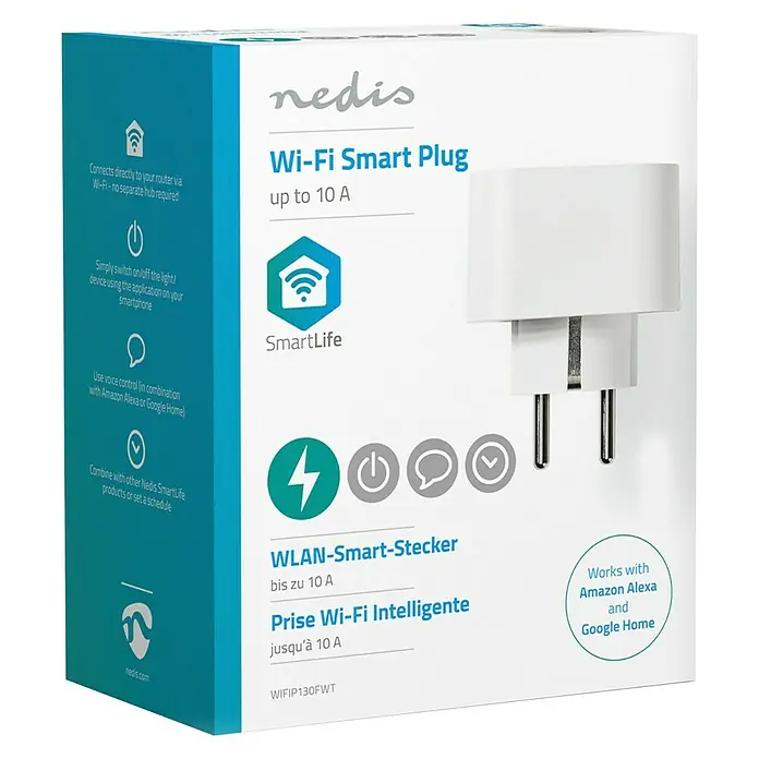 Nedis Smartlife WiFi-Schaltsteckdose - Weiß, Max. Anschlussleistung: 2.500 W, 220 - 250 V, 10 A - Vorderansicht